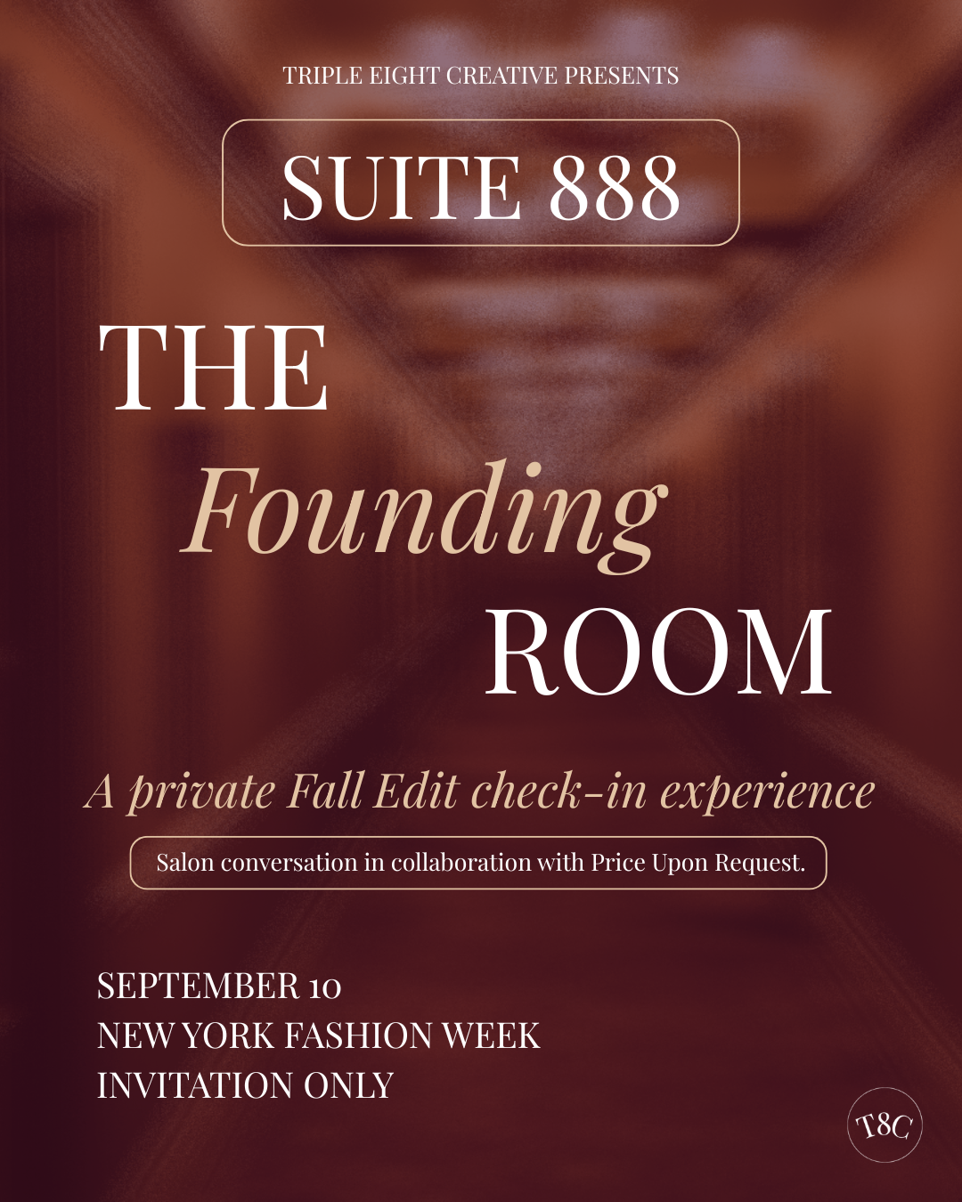 Event poster for Suite 888 titled 'The Finding Room,' a private Fall Edit check-in experience during New York Fashion Week on September 10, with salon collaboration details and T&C note.