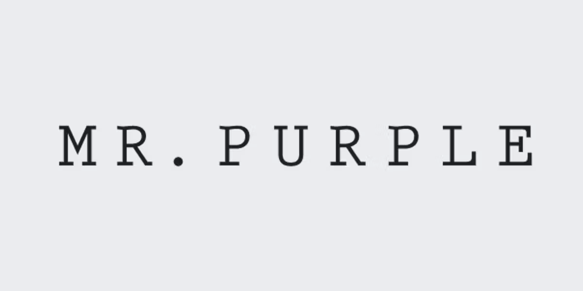 Text that reads 'MR. PURPLE' on a light gray background.