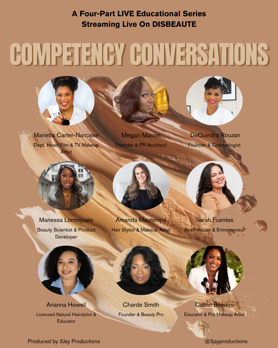 Poster for a four-part live educational series titled 'Competency Conversations' streaming on Disbeauté. Features photos of the speakers including Marietta Carter-Narcisse, Megan Mason, DeQuindra Rouzan, Manessa Lormejuste, Amanda Mautemps, Sarah Fuentes, Arianna Howell, Charde Smith, and Caitlin Bowers, with their titles and roles.