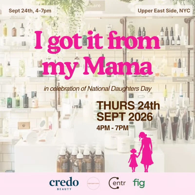 Event poster for National Daughters Day celebration, featuring a background of shelves with skincare products, with pink and brown text and a silhouette of a woman and child holding hands.