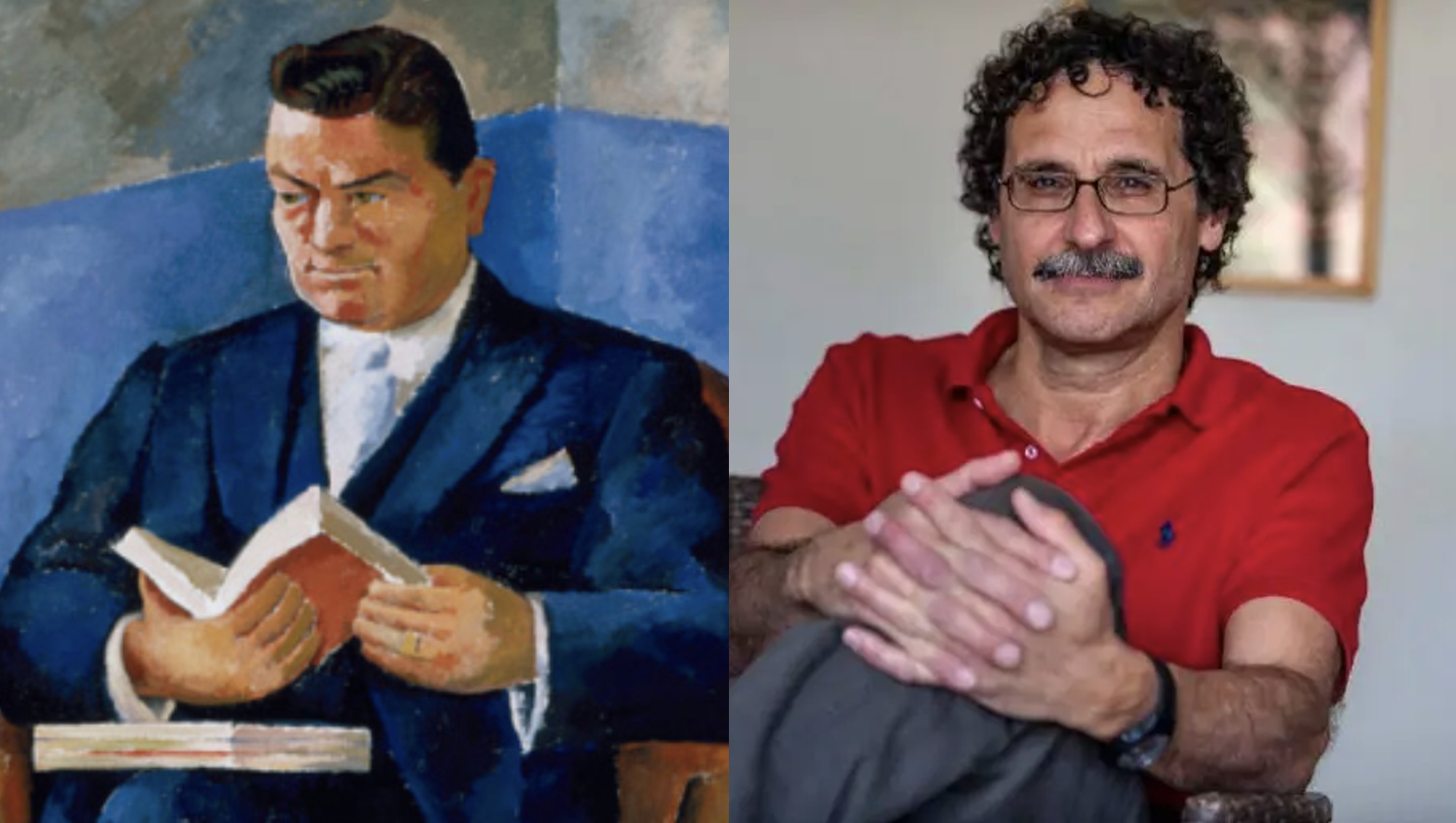 Un retrato de un hombre con cabello rizado, gafas, barba y usando una camisa roja, sentado en un lugar interior.