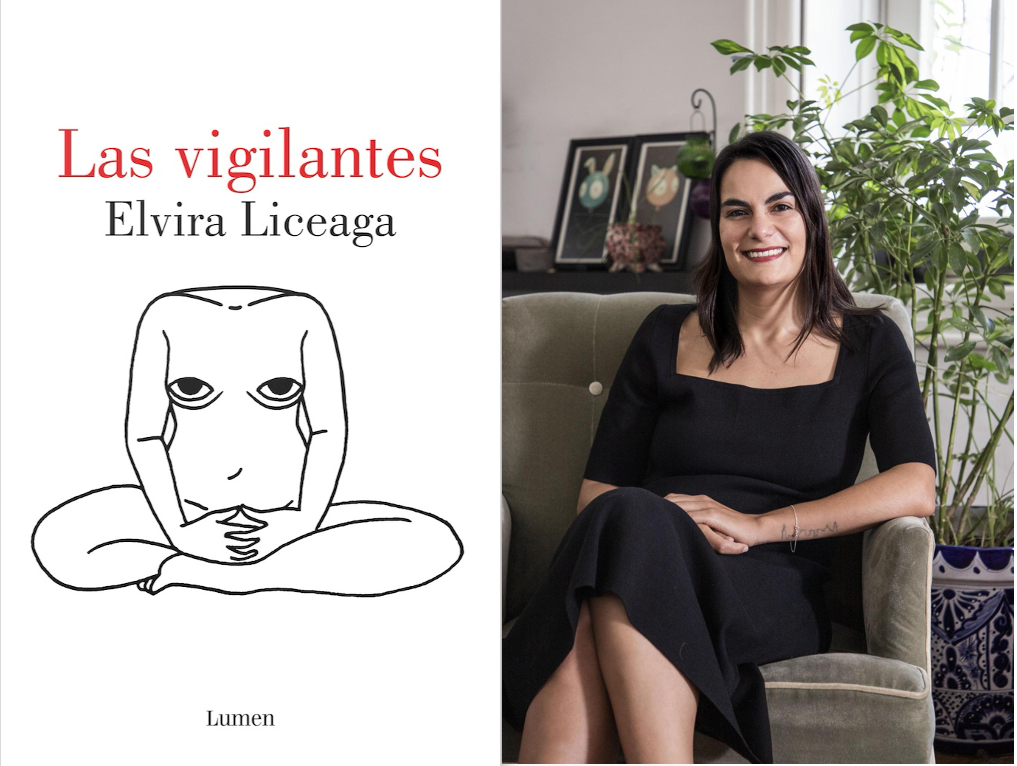 Portada de libro titulado 'Las vigilantes' de Elvira Liceaga, con un dibujo lineal de una figura sentada en posición de meditación y una mujer sonriendo sentada en un sillón en un entorno interior.