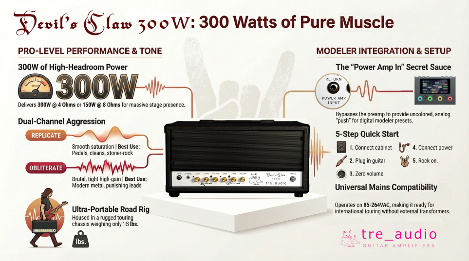 Infographic of connecting an amp modeler to a real guitar amp.