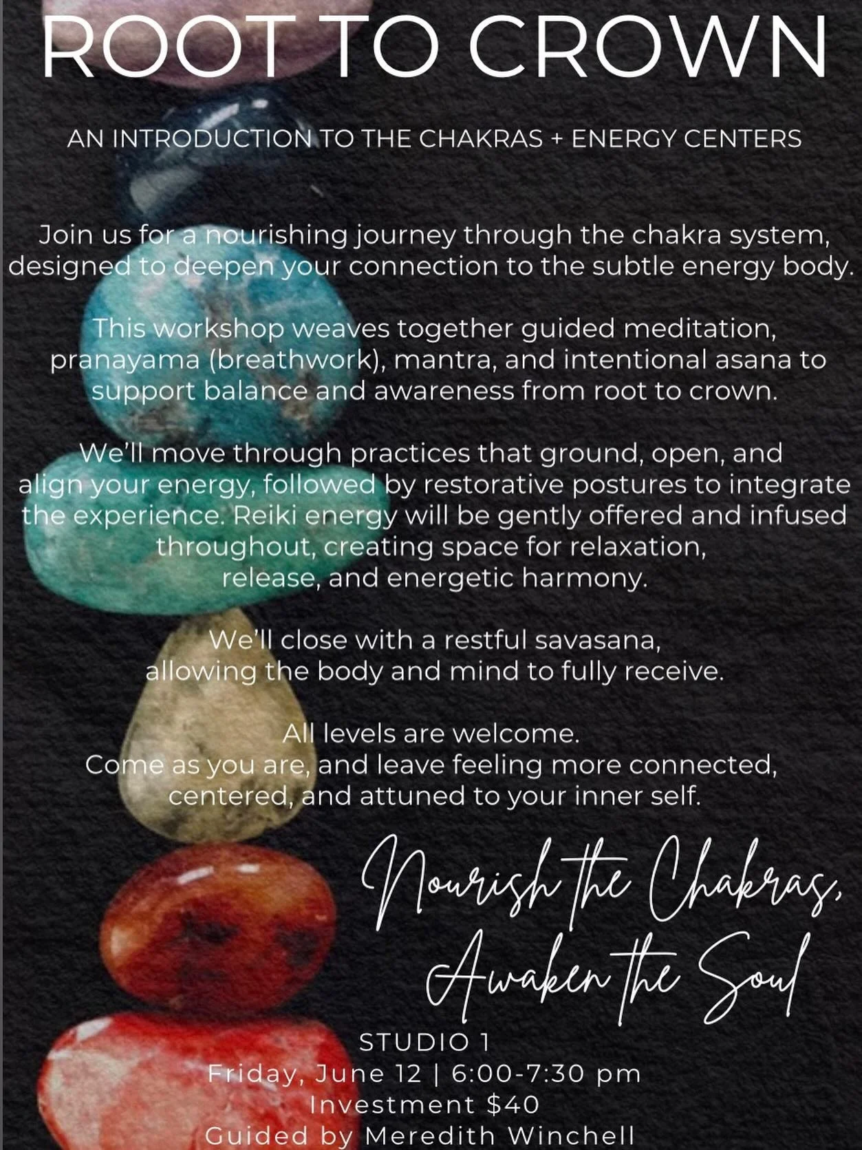 Join us for this deeply nourishing, self care experience. Through breath work, gentle yoga, mantra and restorative poses with reiki offered, we will bring an awareness to each energy center (chakra), noticing imbalances with an intention to find more