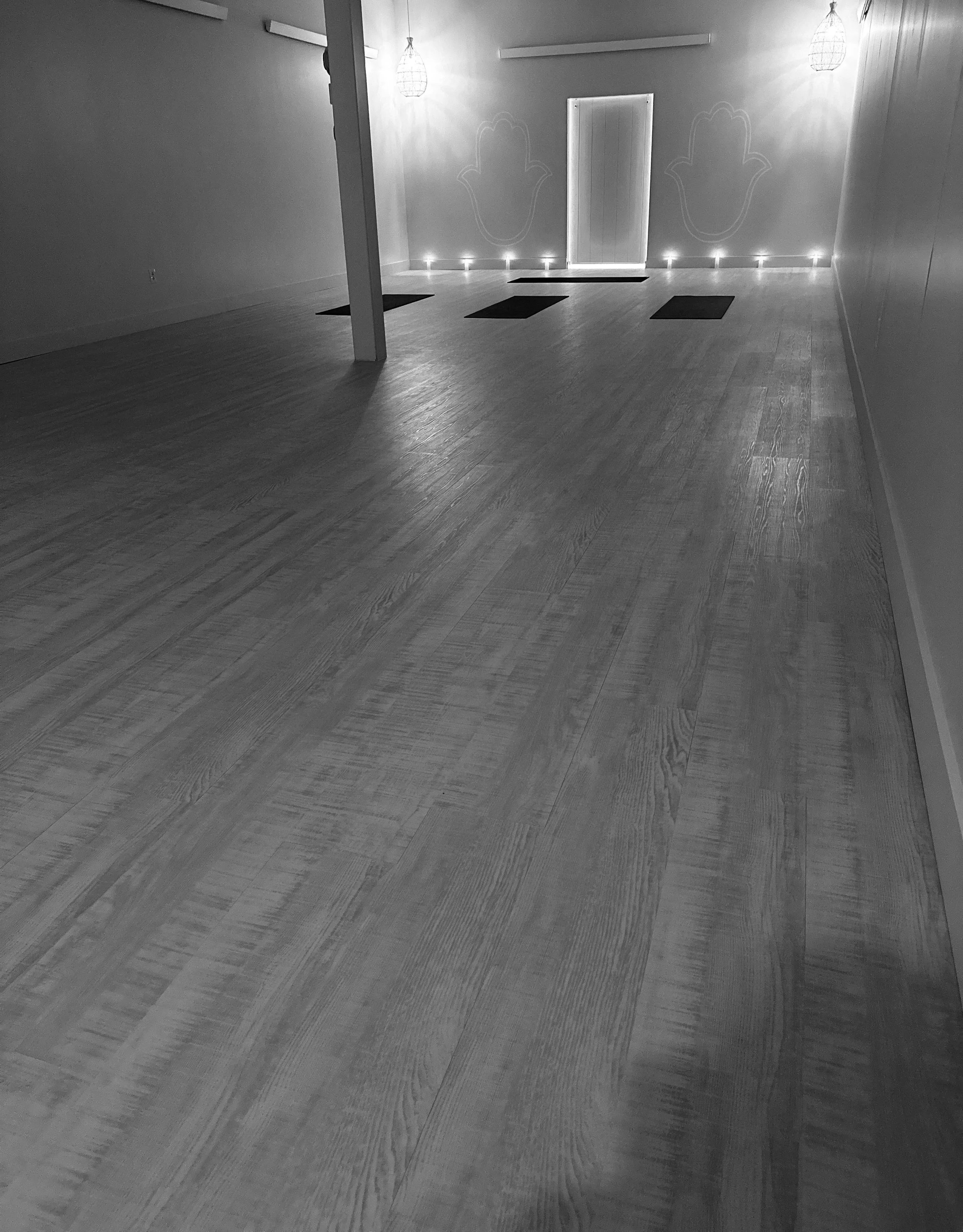 Empty room with wooden flooring, two wall-mounted lights, minimal decor, and a wall with two outlined designs and a closed door in the background.