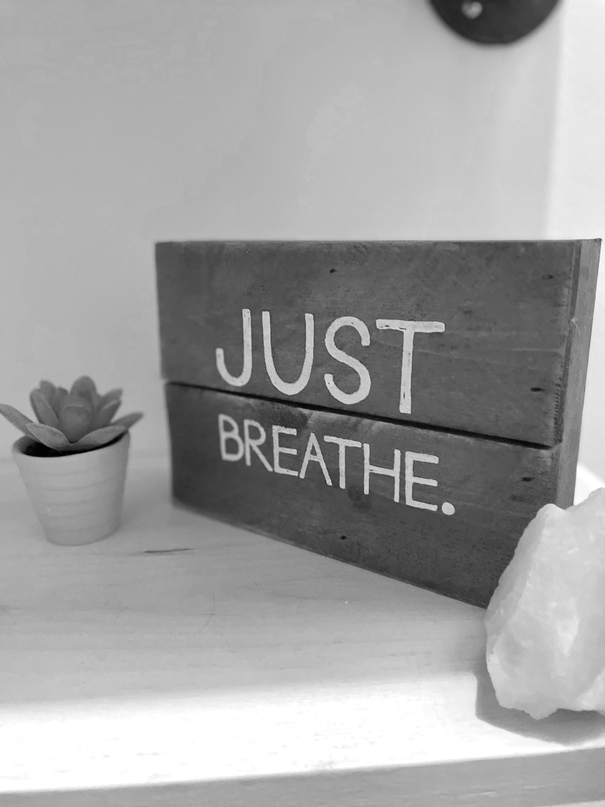 Decorative wooden sign with the message "Just Breathe" next to a small potted succulent plant and a white rock on a flat surface.