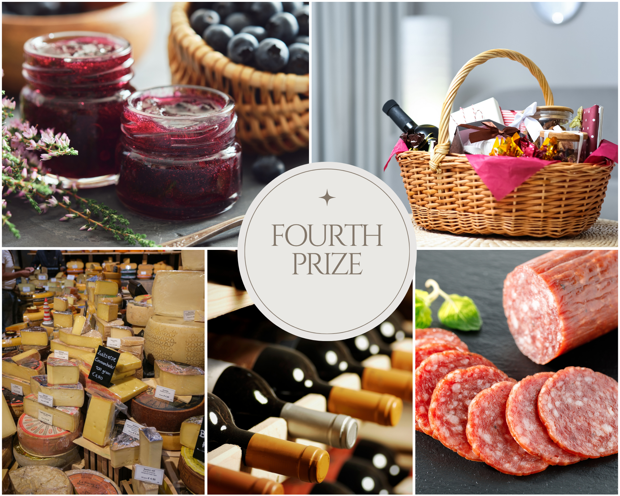 Goumet hamper with wine, cheese, cured meats and jams