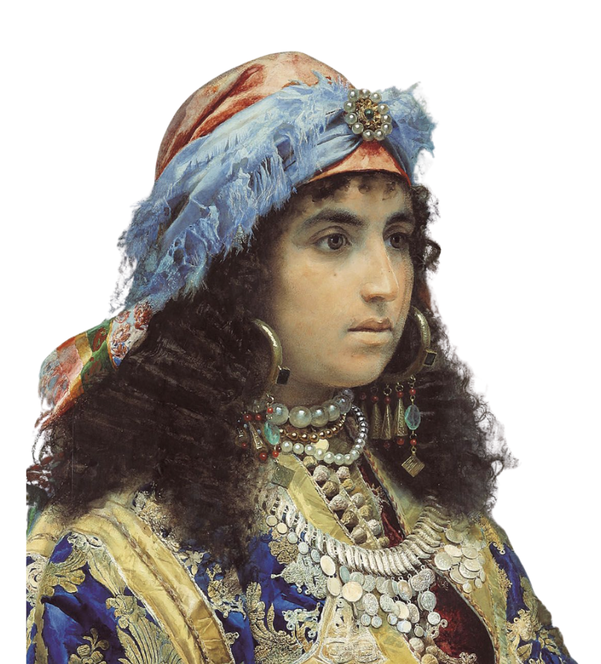 A woman dressed in traditional, colorful, ornate attire with jewelry and a headscarf.