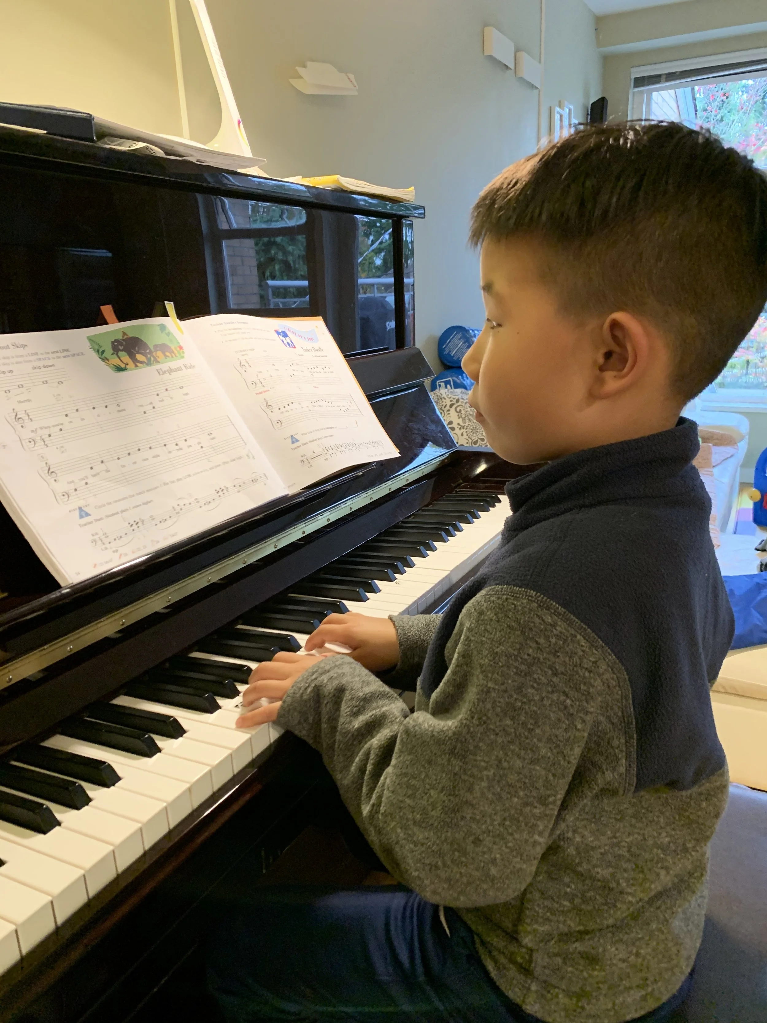 A young boy with short hair playing the piano, reading sheet music, in a well-lit room with a window showing trees outside.