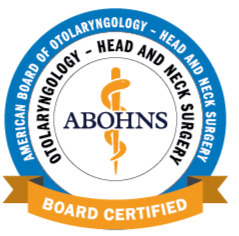 Seal of the American Board of Otolaryngology, with a blue circular border, a white background, a caduceus symbol, and a banner reading 'Board Certified'.