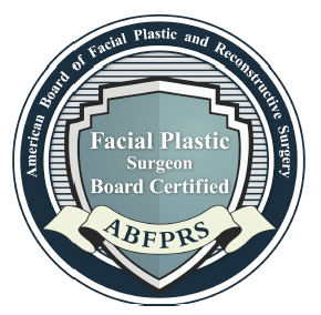 Seal of the American Board of Facial Plastic and Reconstructive Surgery with text indicating the surgeon is board certified