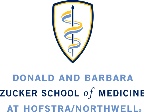 Logo of Donald and Barbara Zucker School of Medicine at Hofstra/Northwell featuring a shield with a caduceus symbol and text of the school's name.