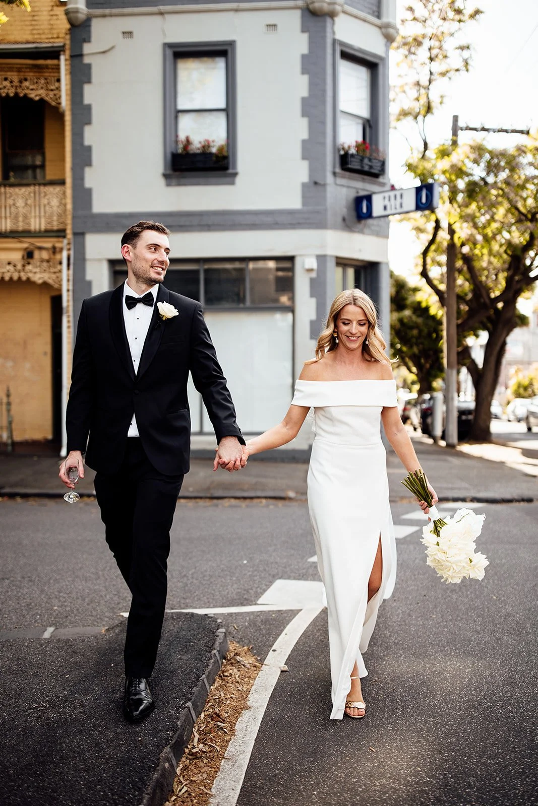 Bride & Groom walking the streets in Fitzroy