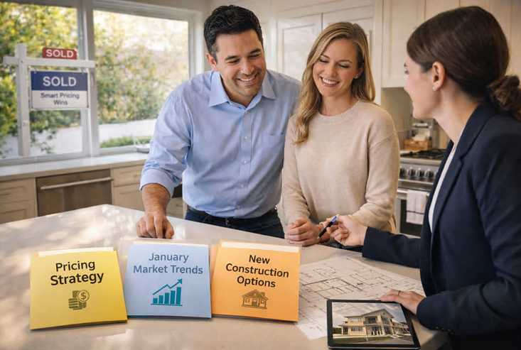 Agent presenting real estate to a couple.