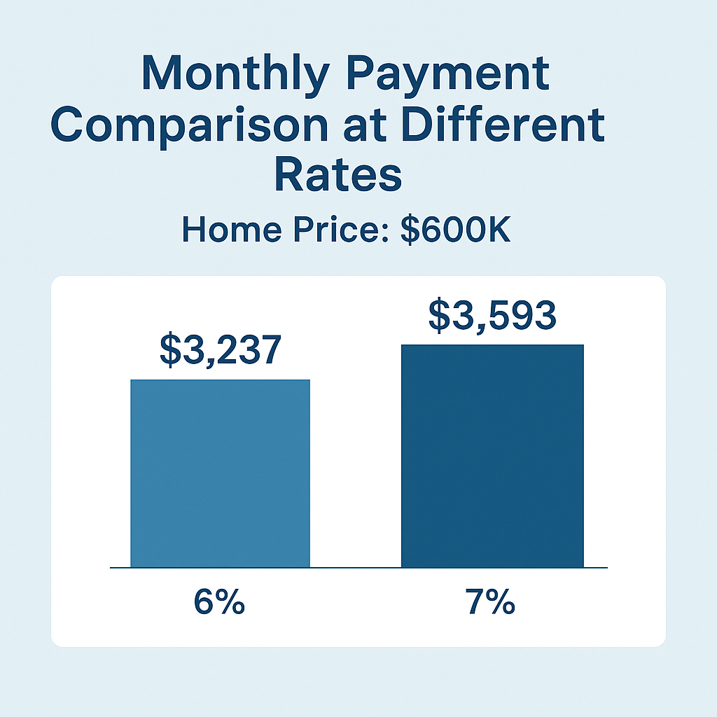 A chart comparing monthly mortgage payments at different interest rates for a home priced at $600,000. The chart shows $3,237 at 6% interest and $3,593 at 7% interest.