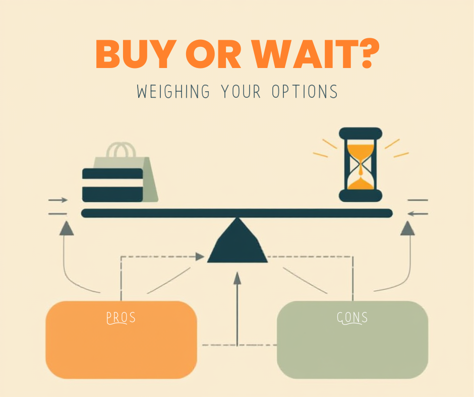 Buy or wait text on a weighing scale.