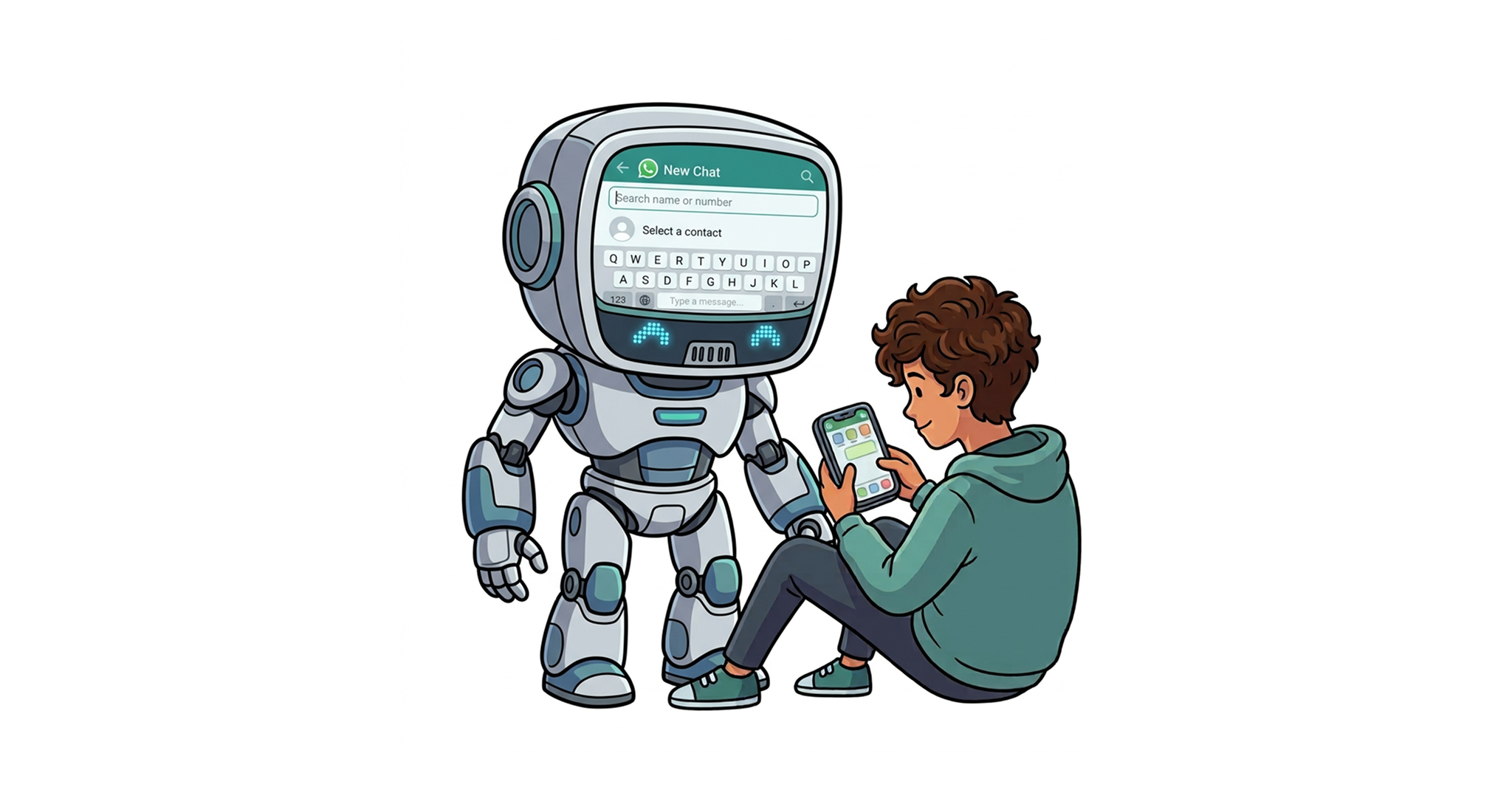 Cartoon of teenager using a chatbot on their phone
