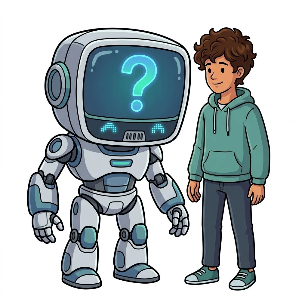 The robot is displaying a question mark on it's screen