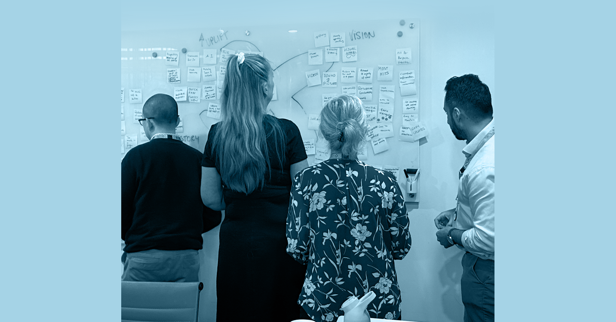 Stakeholders adding post-it notes to a whiteboard during a workshop
