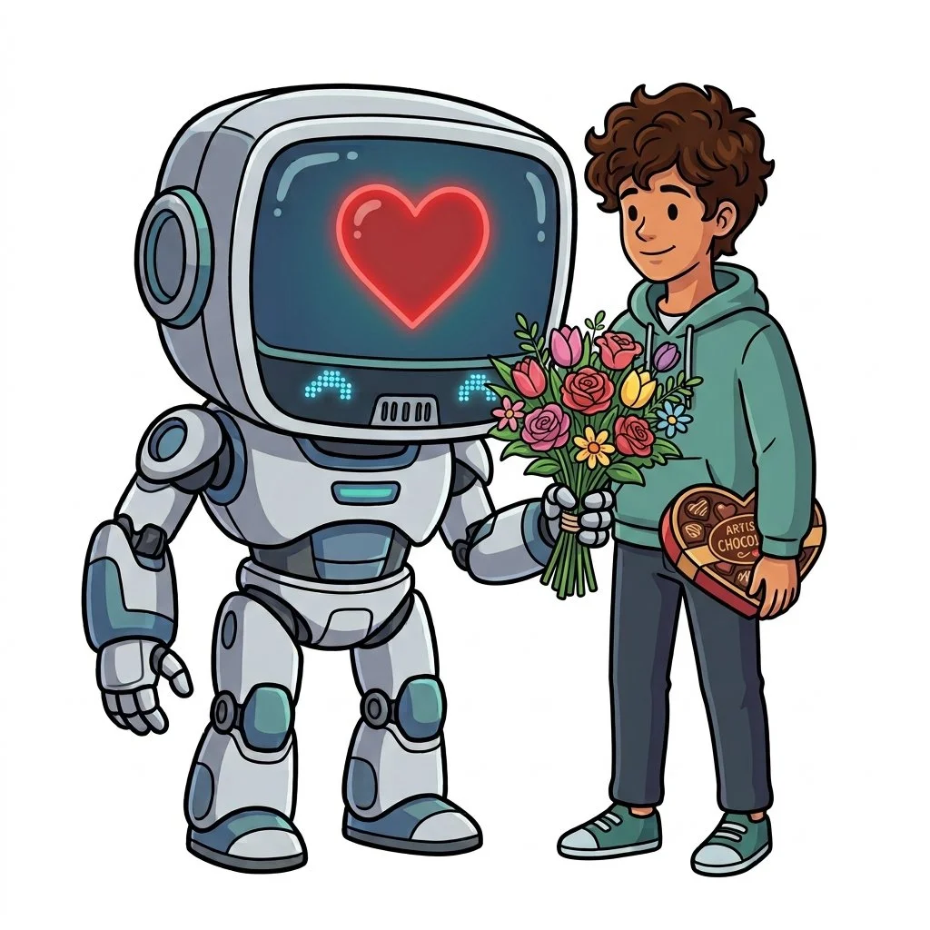 The robot is giving the young person love and flowers and chocolates