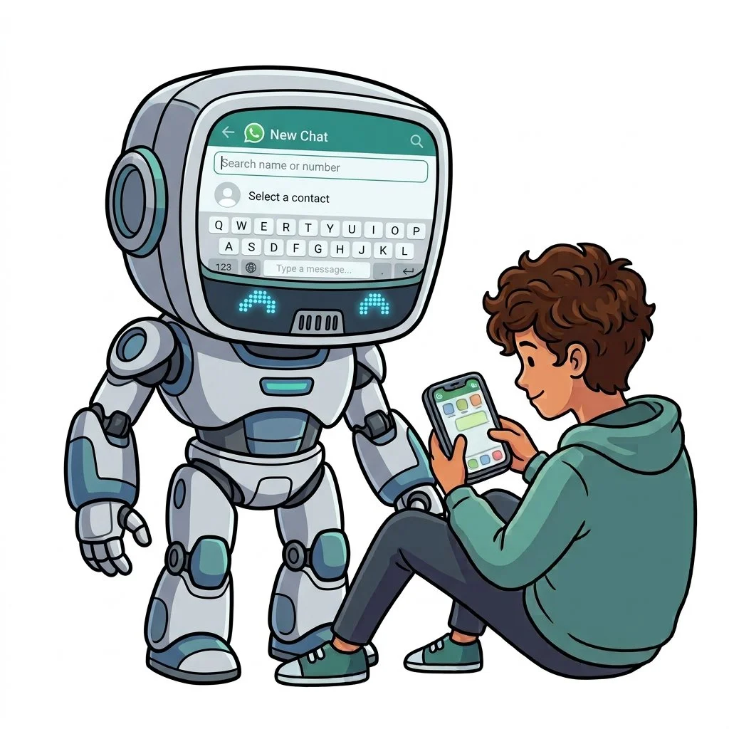 A young person is looking at their mobile phone screen. A robot stands next to them, representing the AI chatbot.