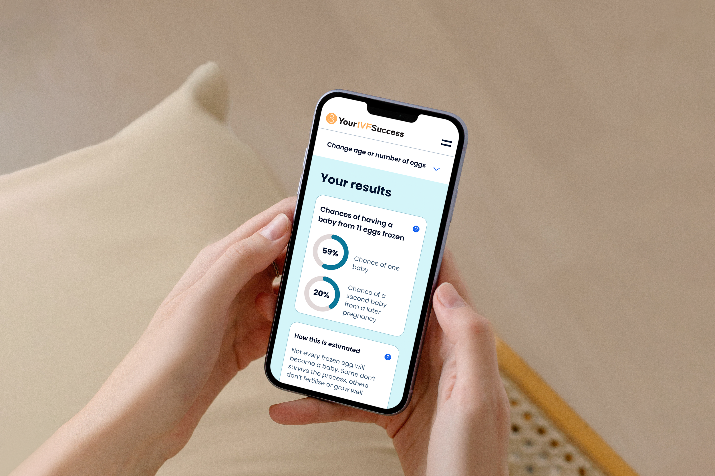 Smartphone displaying YourEggFreeze estimator tool results: your percentage chance of having a baby
