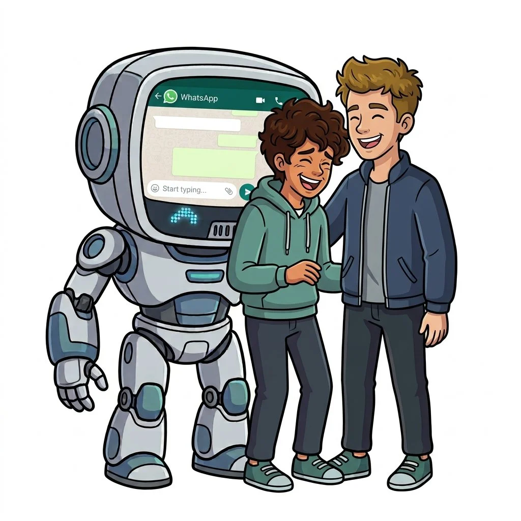 The young person is laughing with their friend. The robot is in the background
