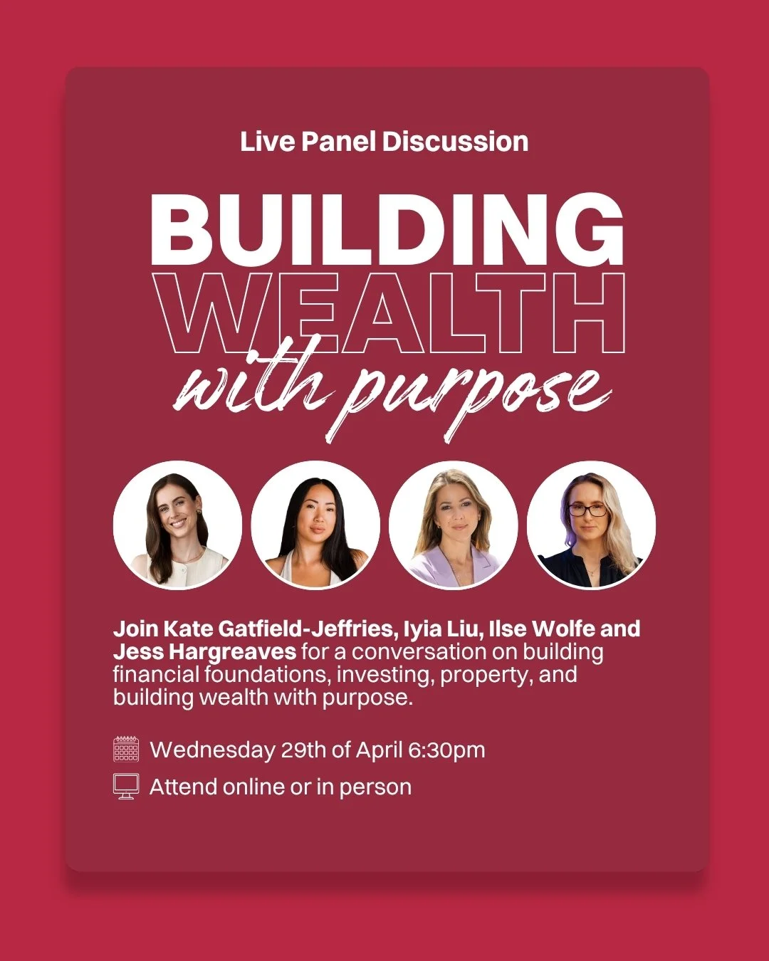 Tickets available now 🚨

Join us in person or online for an evening focused on building confidence and clarity around your money - and how to use it to create a life aligned with your purpose. Hear from panelists Kate Gatfield-Jeffries (Co-Founder o