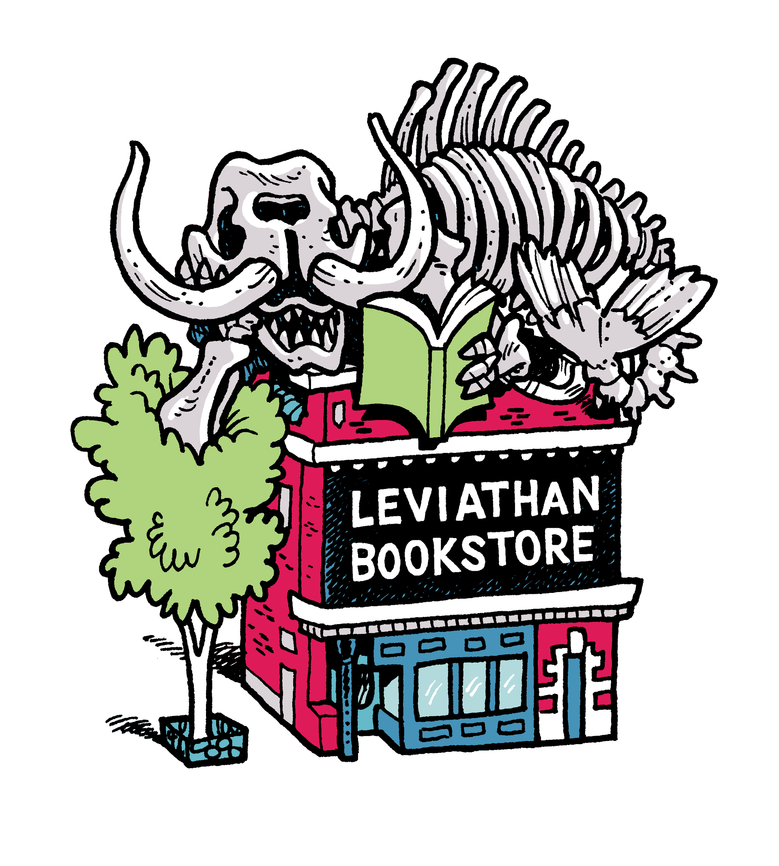 A drawing of a fanciful leviathan skeleton atop a small brick building labeled as Leviathan Bookstore