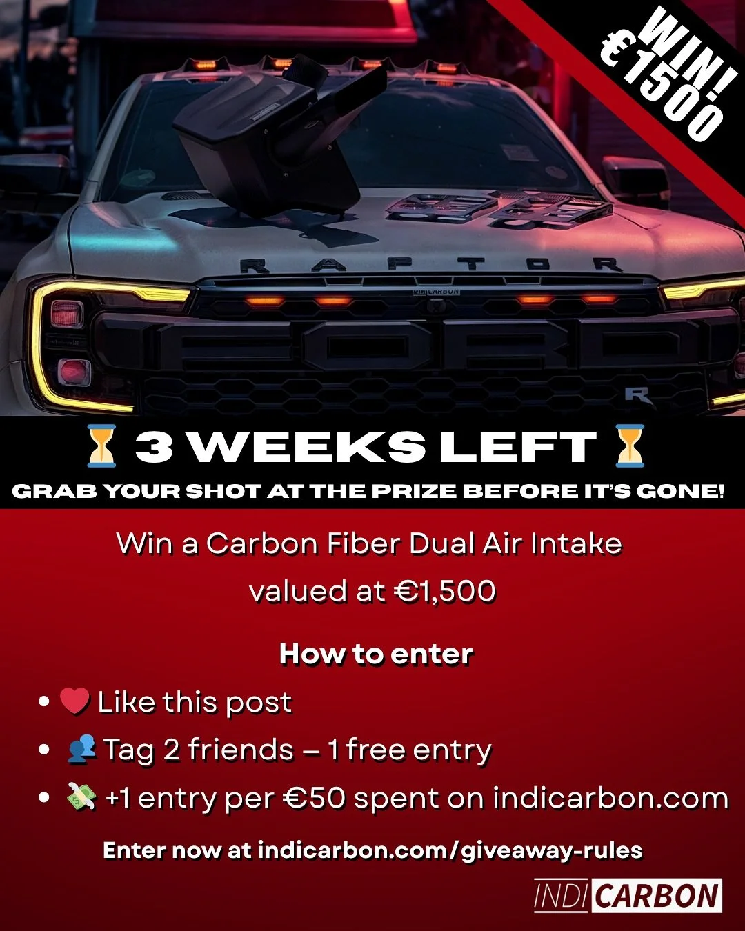 🎉 Only 3 Weeks Left! 🎉
Don&rsquo;t miss your chance to win a Carbon Fiber Dual Air Intake worth &euro;1,500 &mdash; with FREE worldwide shipping! 🌍

🔥 How to enter:
✅ Like this post
✅ Share it on your story
✅ Tag 2 friends in the comments for a f