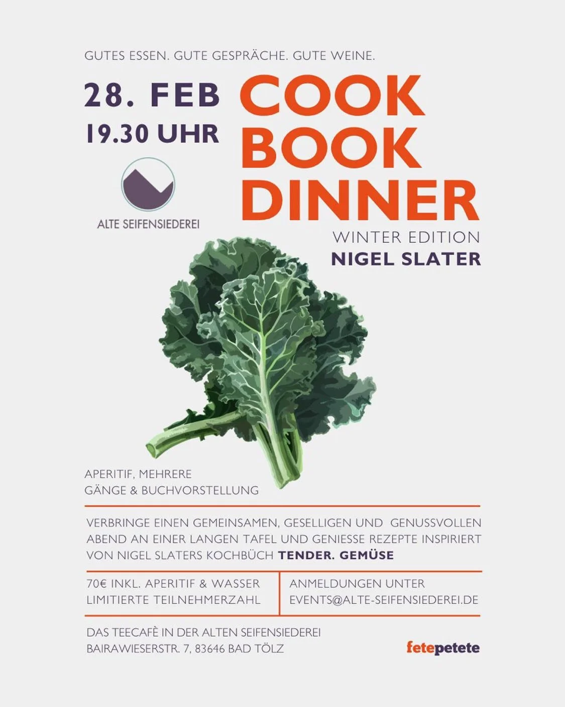 Es ist wieder soweit - unser 2. Cookbook Dinner findet bald statt! Ihr d&uuml;rft euch auf die Winter Edition freuen, bei der wir euch das tolle vegetarische Kochbuch &bdquo;Tender&ldquo; von Nigel Slater vorstellen m&ouml;chten. Wie beim letzten Mal