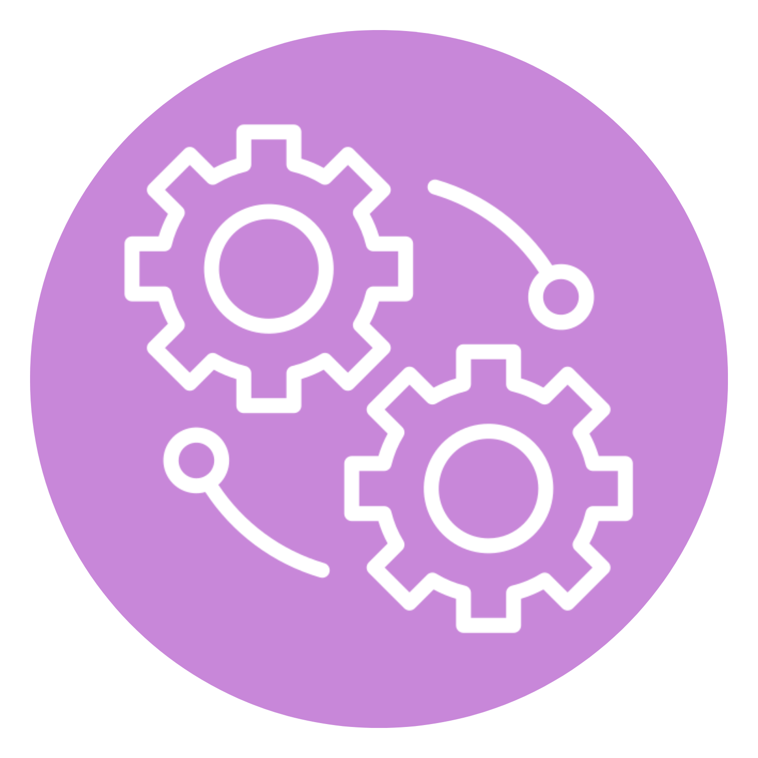 Line art icon of three interconnected gears on a purple background.