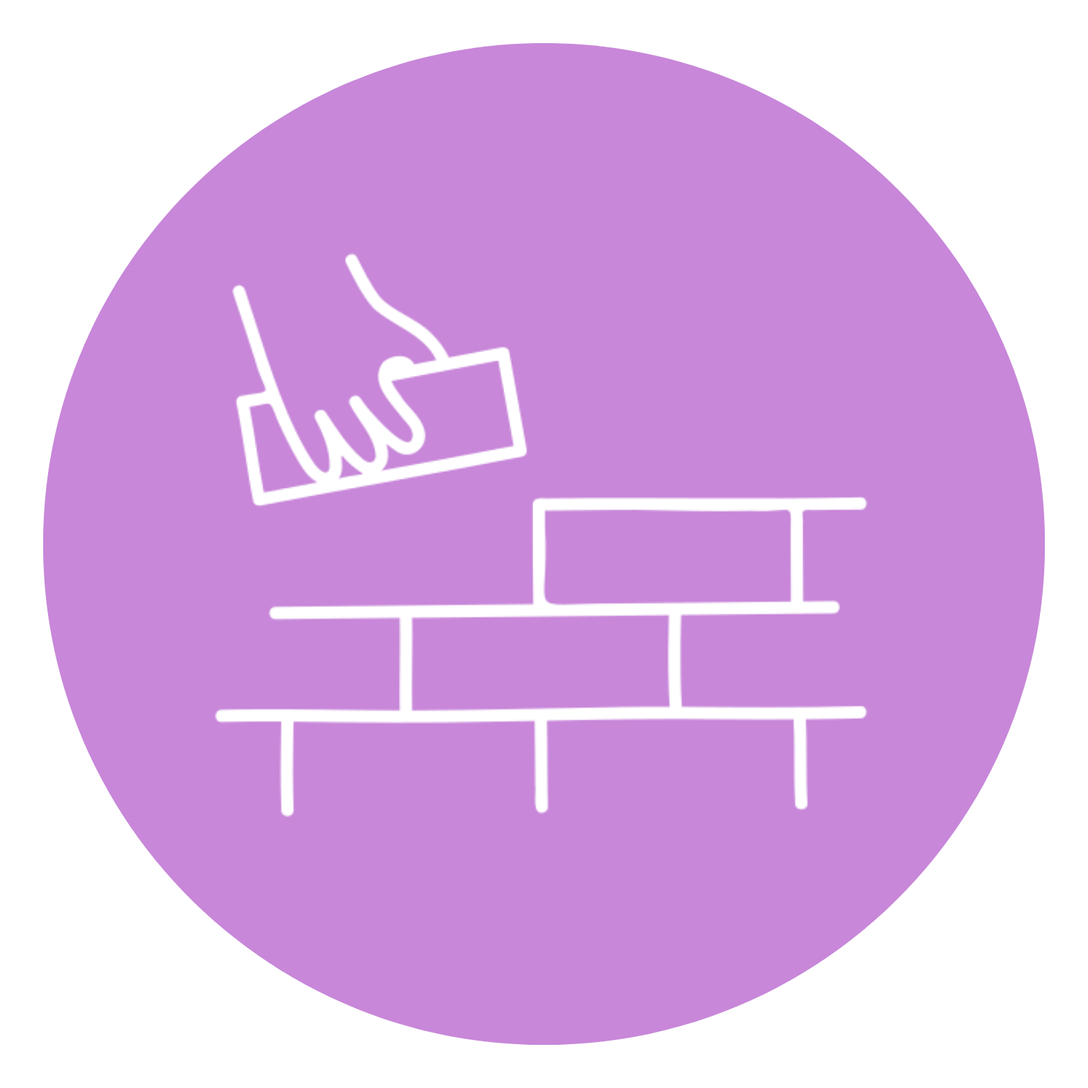 Line drawing of a hand placing a brick onto a partially built brick wall, within a purple circular background.