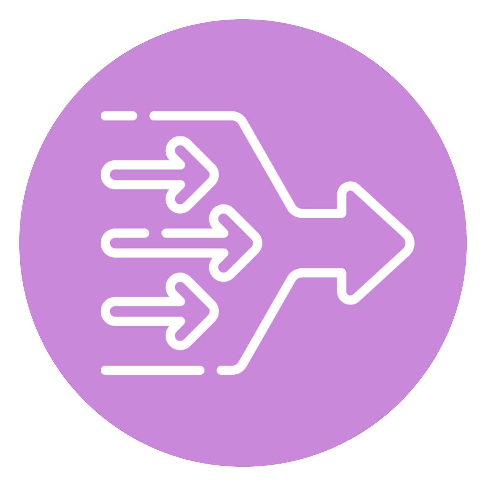 Purple circular icon with white outline of three arrows moving to the right, symbolizing speed or progress.