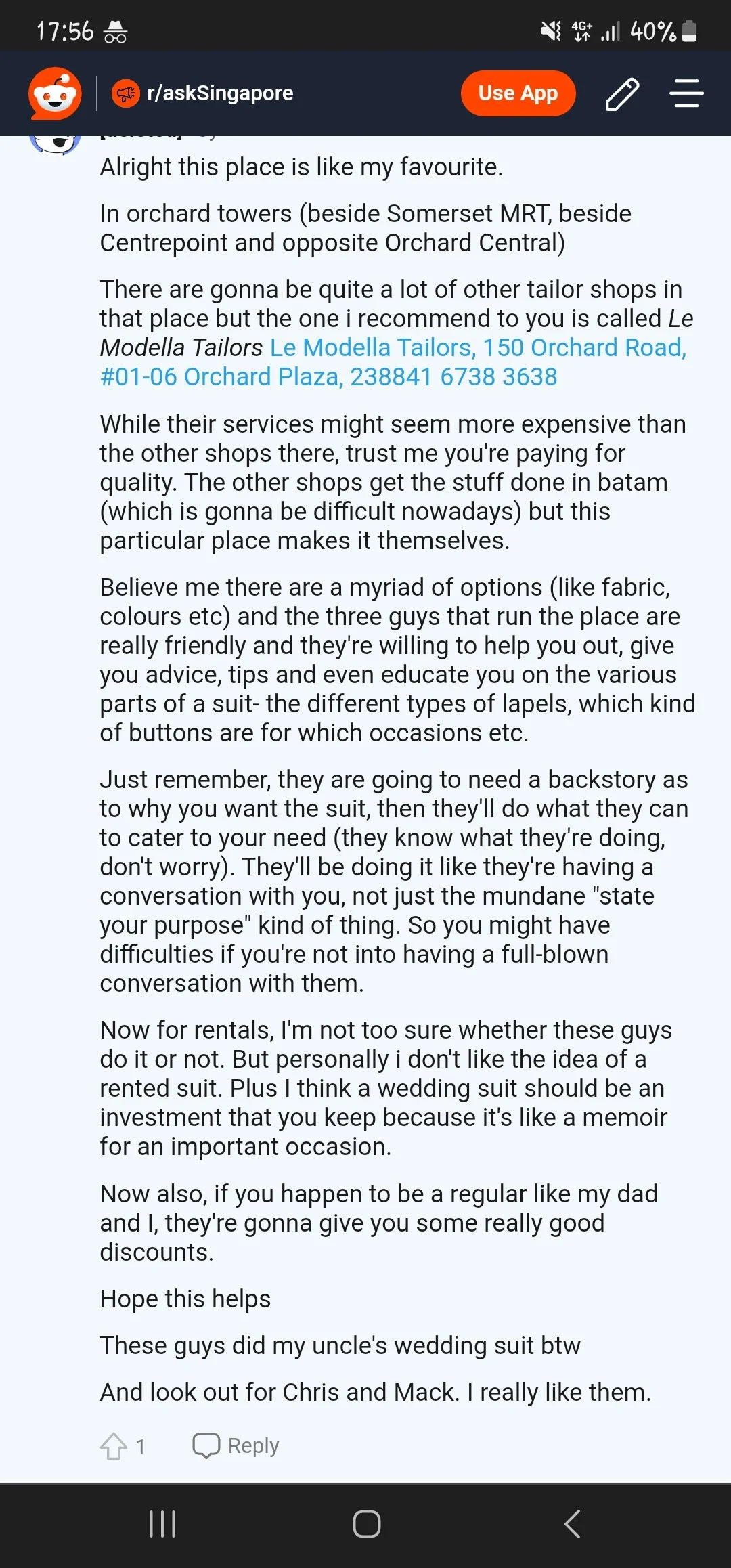 Screenshot of a Reddit post discussing a tailor shop called Le Modella Tailors, located at 150 Orchard Road, #01-06 Orchard Plaza, with contact number 23841 6738 3638.