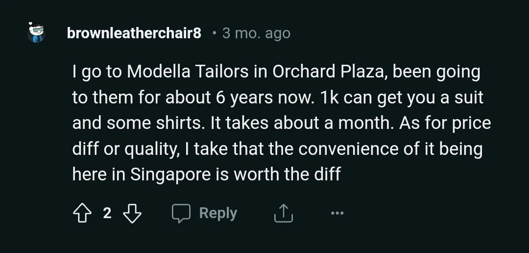 Screenshot of a social media comment discussing shopping for suits and shirts at Modella Tailors in Orchard Plaza, Singapore.