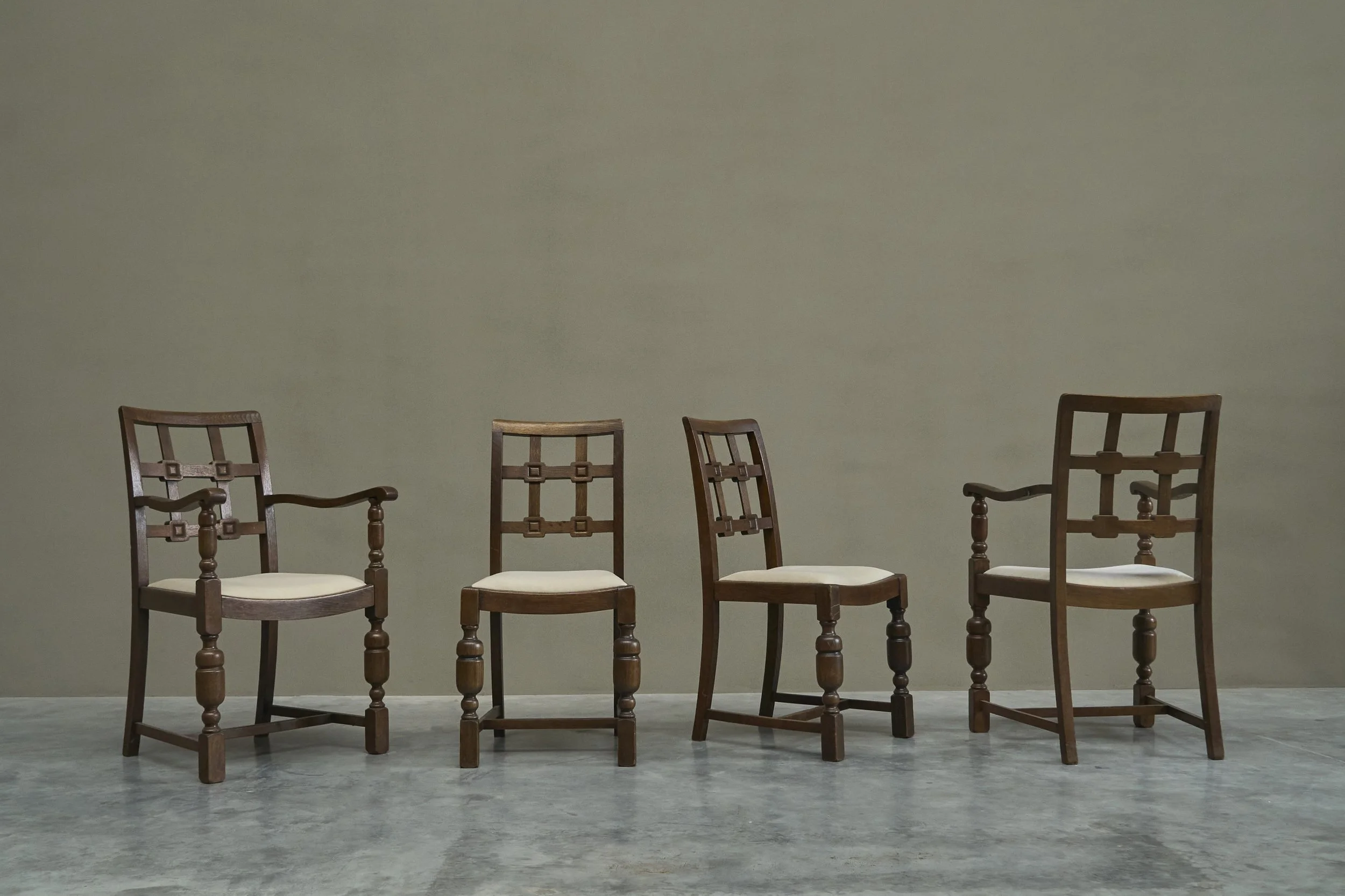 Beautiful Set of 4 French Chairs in Solid Oak and Velvet 1940s