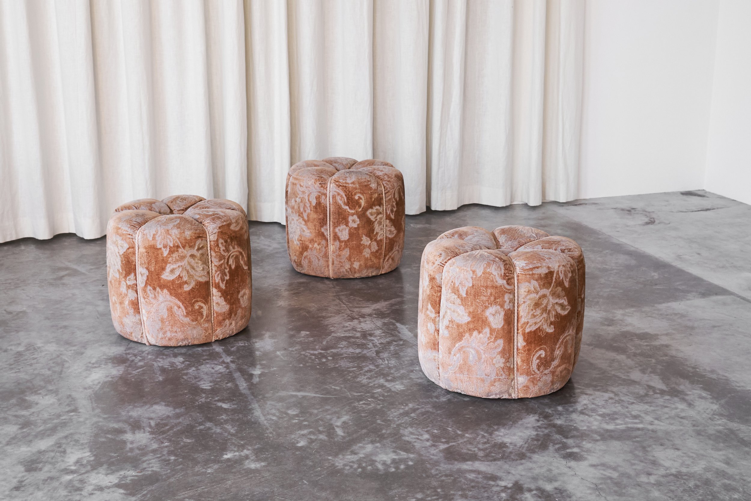 Jindrich Halabala Art Deco Poufs in Faded Floral Upholstery - Set of 3 front view mix total mid