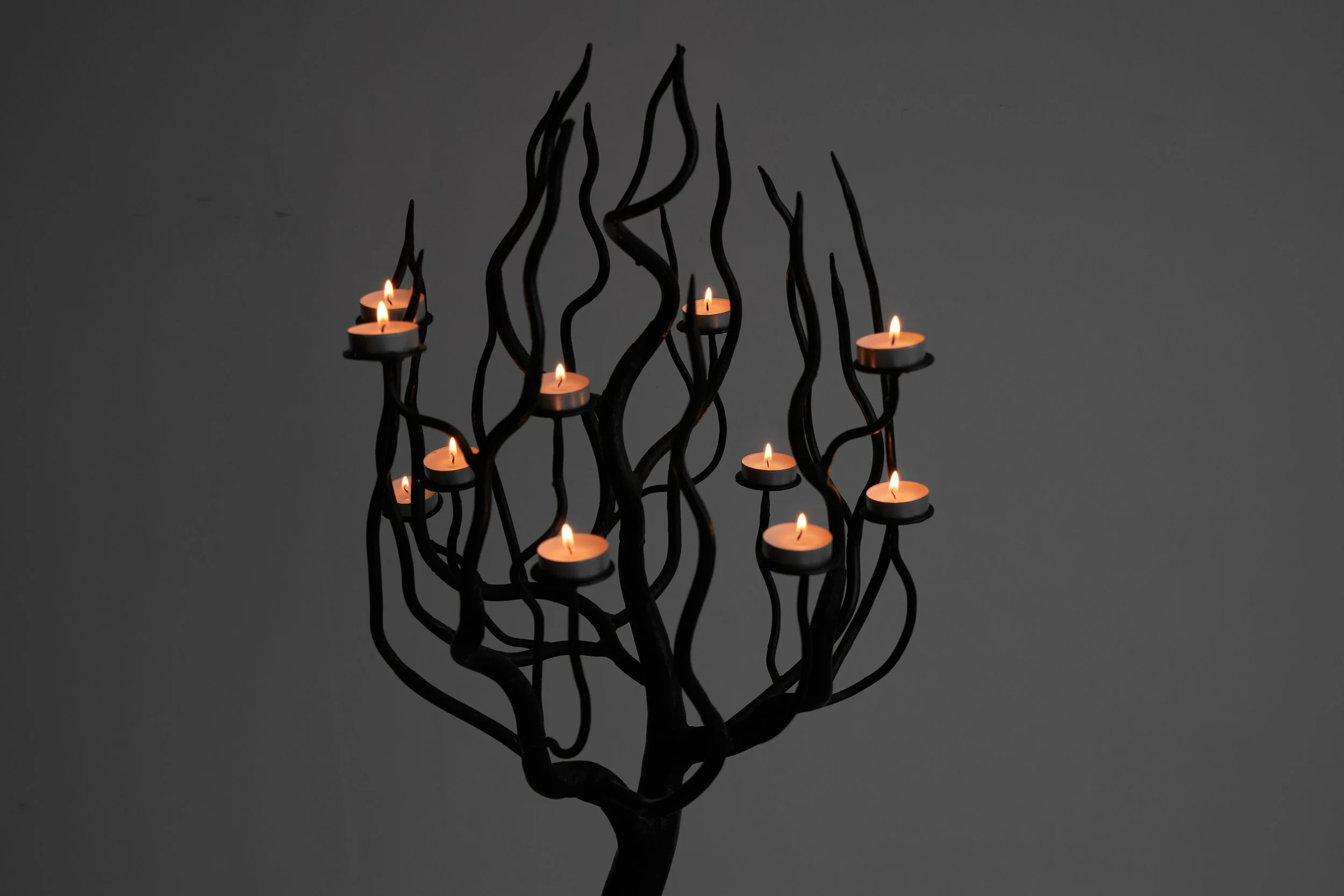 Large Tree Shaped Candle Holder in Hand Forged Steel top front left