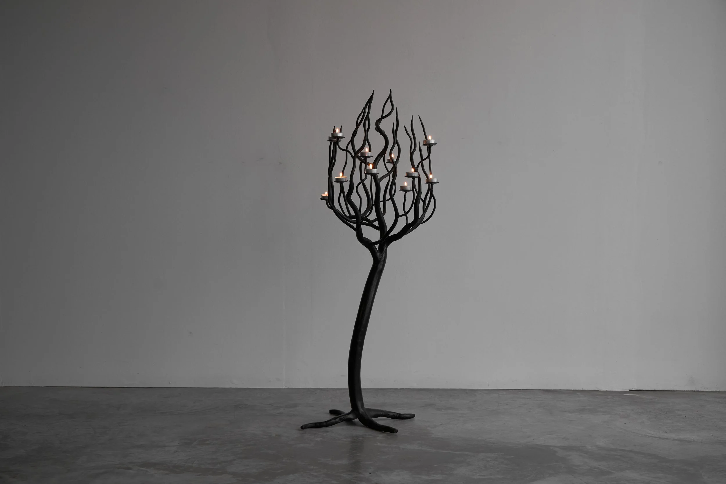 Large Tree Shaped Candle Holder in Hand Forged Steel front view total
