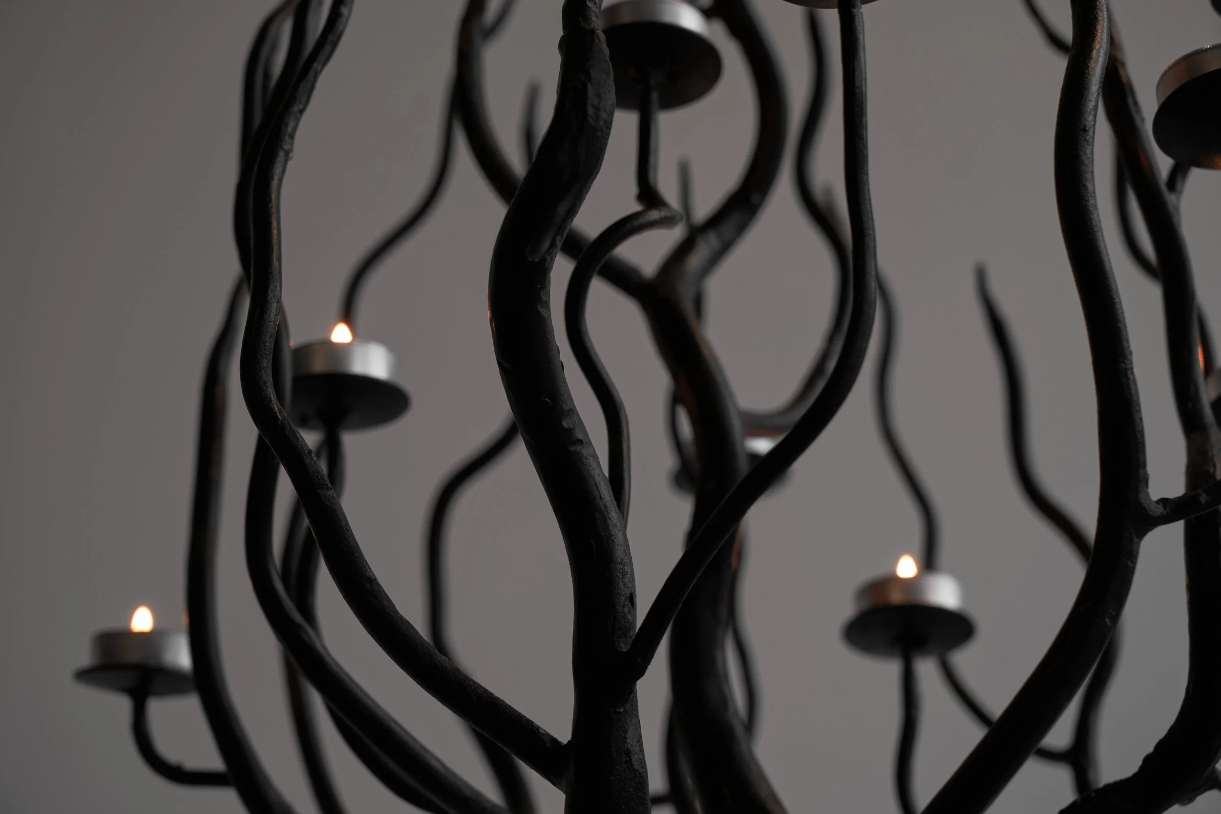 Large Tree Shaped Candle Holder in Hand Forged Steel top detail mid low