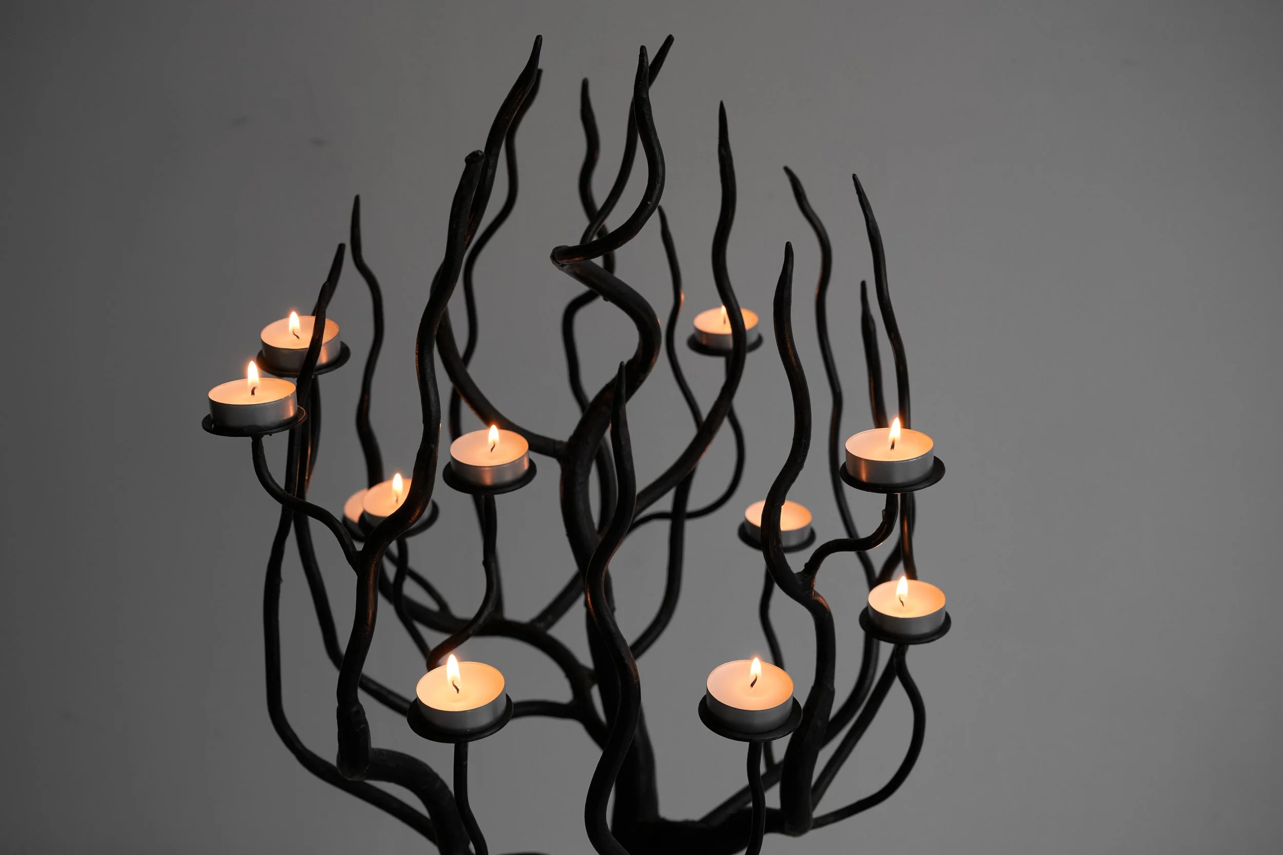 Large Tree Shaped Candle Holder in Hand Forged Steel top front high