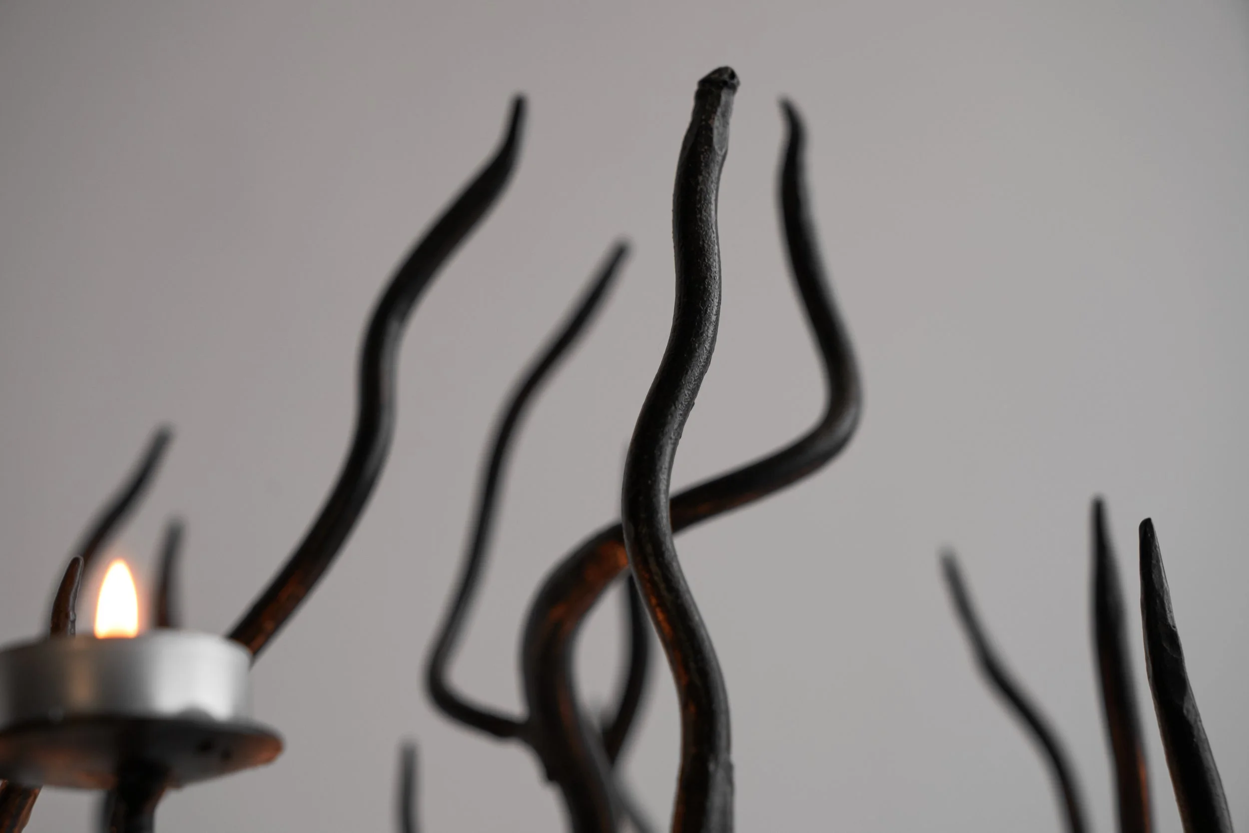 Large Tree Shaped Candle Holder in Hand Forged Steel top detail close