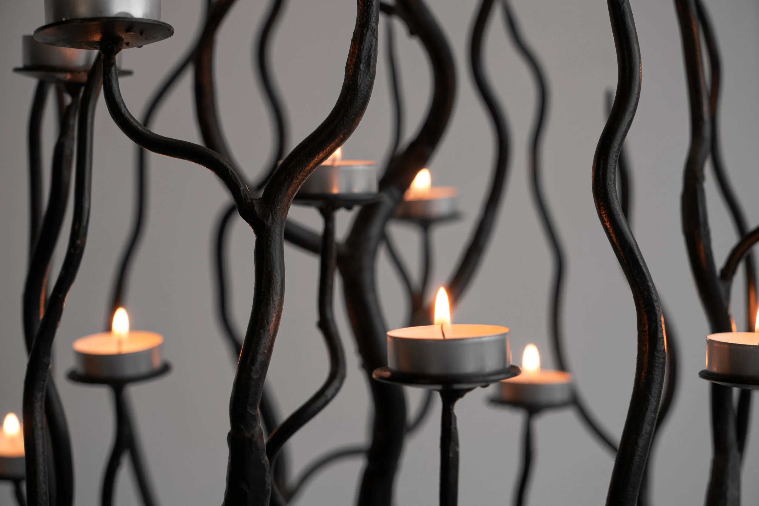 Large Tree Shaped Candle Holder in Hand Forged Steel mid detail close candles