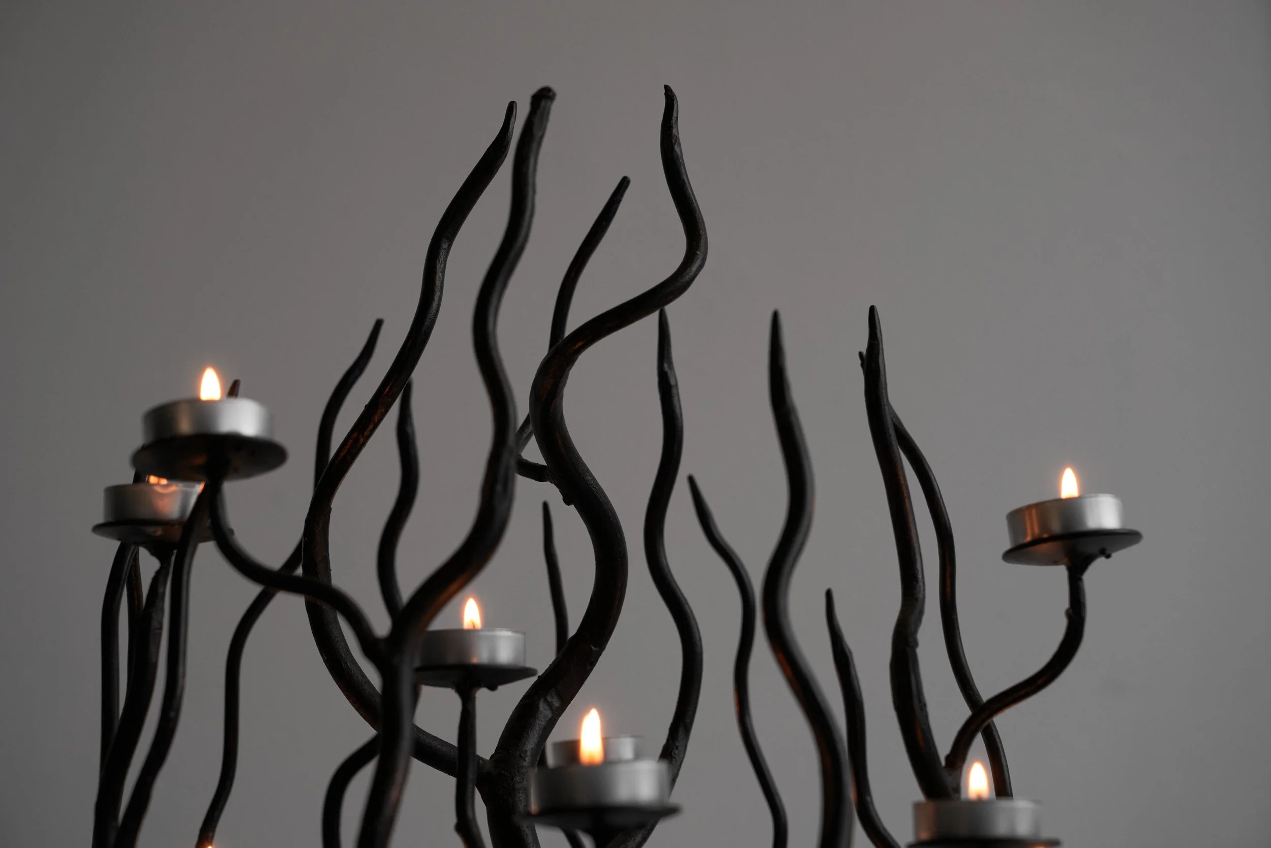 Large Tree Shaped Candle Holder in Hand Forged Steel top detail low