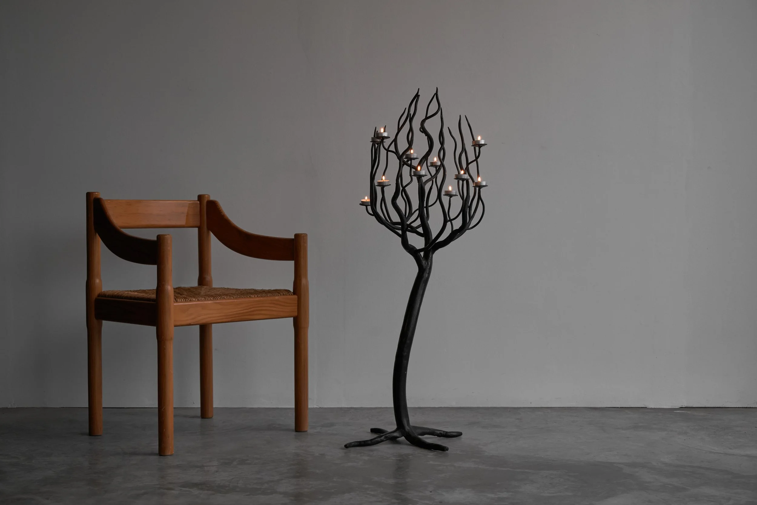 Large Tree Shaped Candle Holder in Hand Forged Steel front view total chair