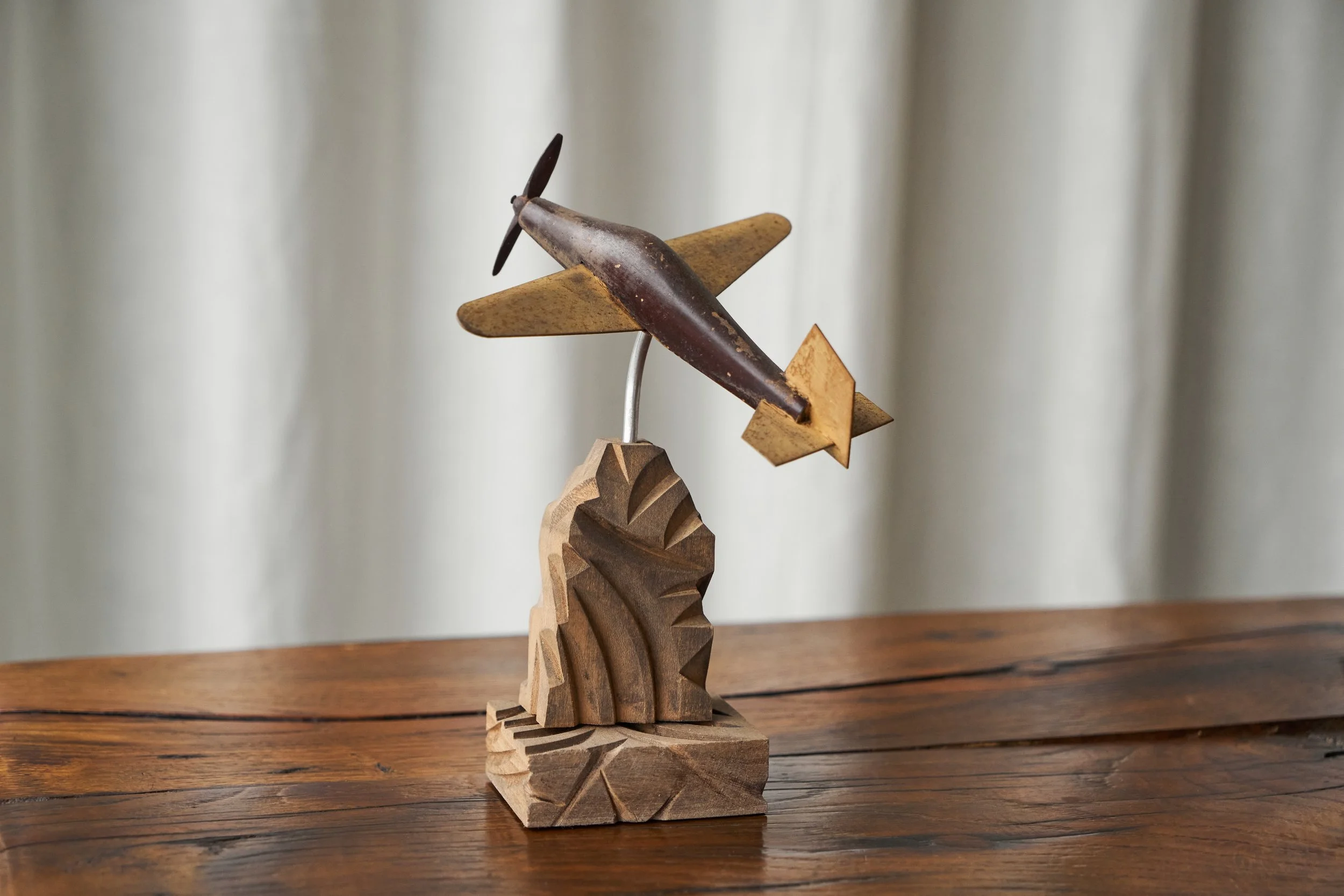 Art Deco Propeller Plane in Carved Wood and Metal right back view total mid