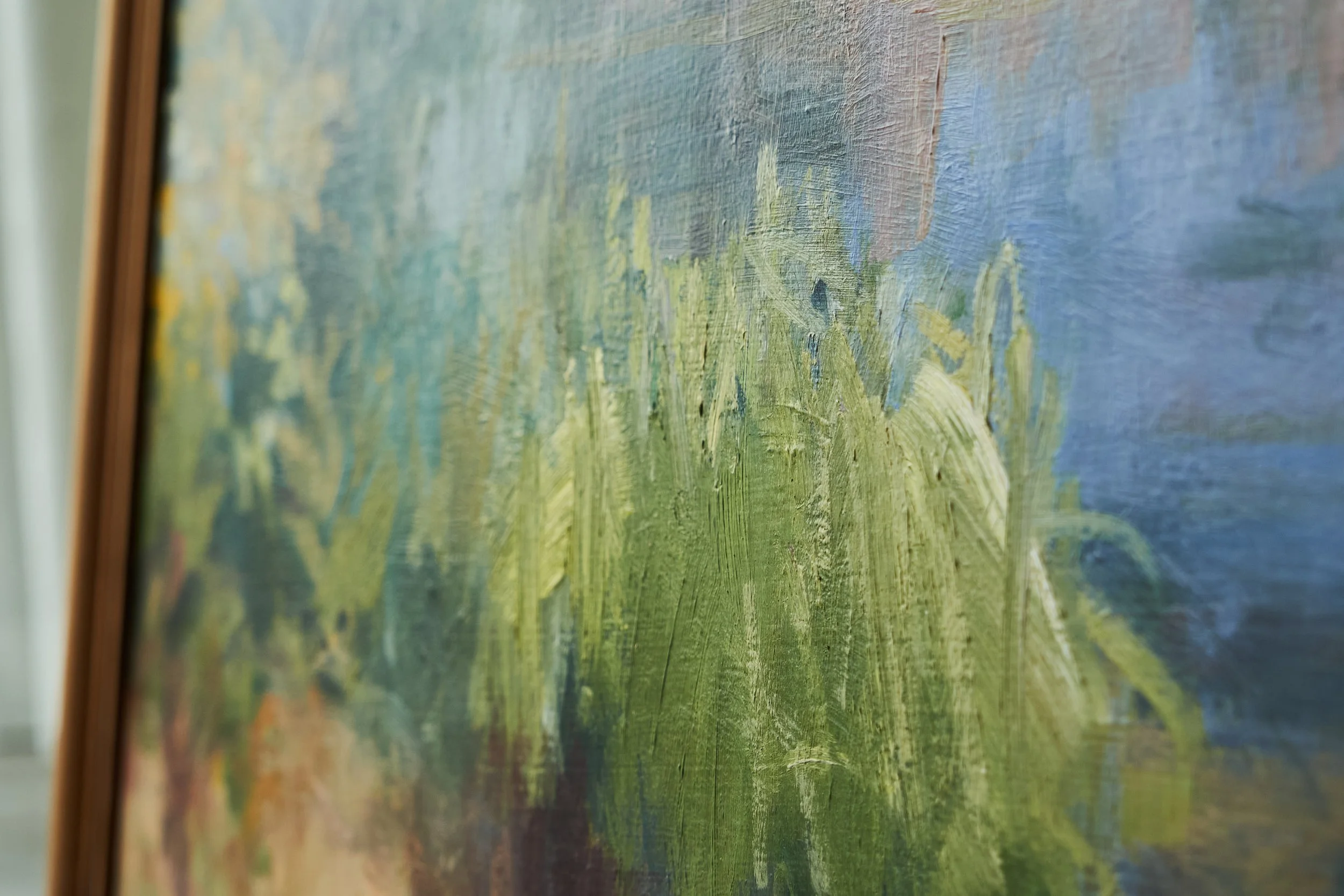 Gordon Lillford Landscape with Pond Oil on Board United Kingdom 1950s detail tree close up