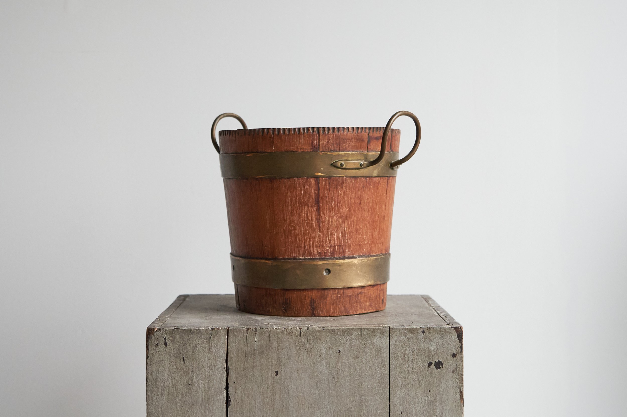 Very Decorative Antique Bucket or Waste Paper Basket in Wood and Patinated Brass 19th Century