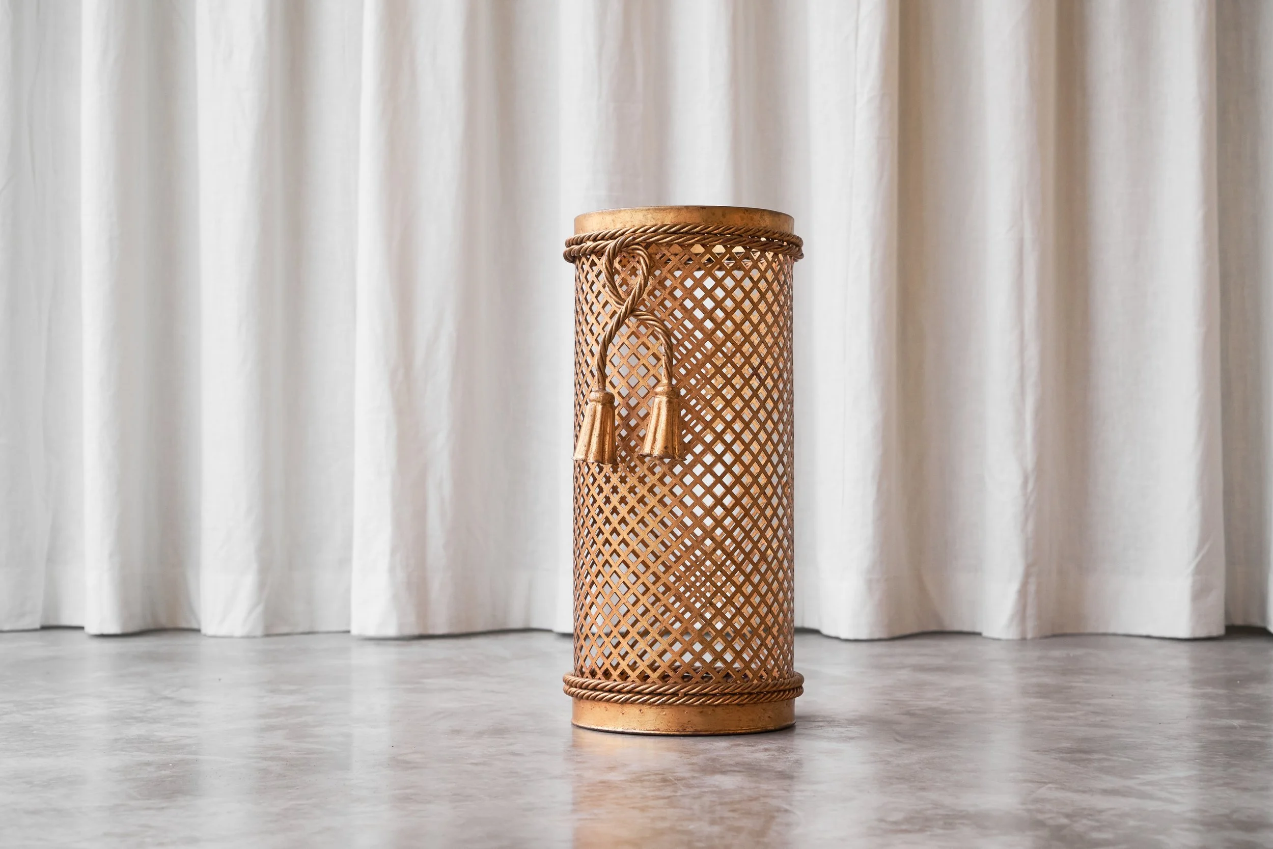 Mid Century French 'Trompe-l'oeil' Umbrella Stand in Gold Painted Metal 1960s front view total mid